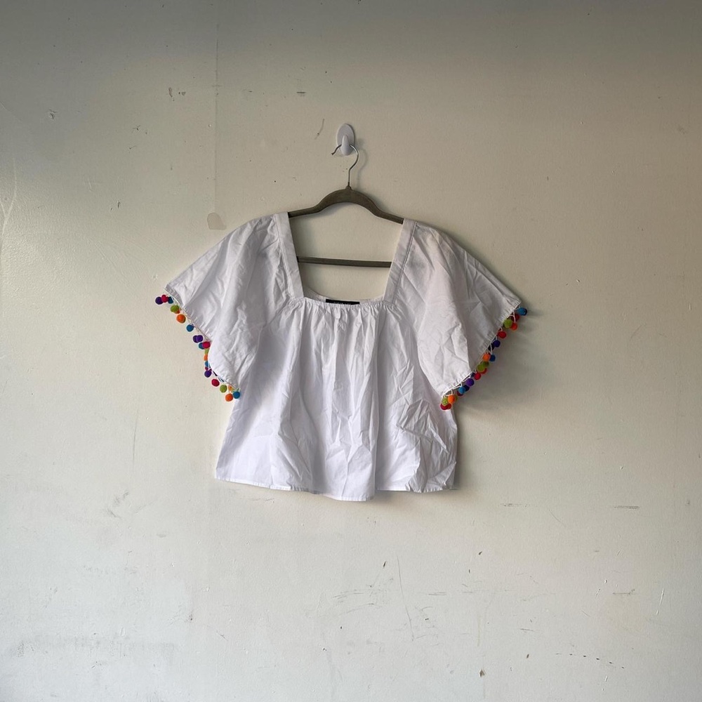 NWT Sugar + Lips Cotton White Multi-Colored Pom Pom Blouse Size M